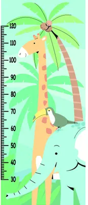 Colourful illustrated height chart featuring a standing elephant and giraffe reaching towards a green palm tree against a soft pastel background, with measurement markings along the left side from 30 to 180 centimetres.