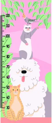 A height measurement chart featuring a white fluffy sheep at the base, orange cat, grey koala, and purple animal stacked vertically, with a measurement scale along the left edge against a pink and green background.