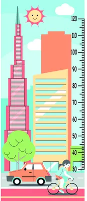 A colourful height chart illustration showing a tall pink building with a sun, clouds, a green tree, a red car, and cyclists at street level, with measurement markings from 40 to 120 centimetres.
