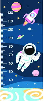 A height measurement chart featuring a floating astronaut in a white suit, a pink rocket ship, colourful planets, and stars against a deep blue space background with measurement markings from 30 to 120 centimetres.