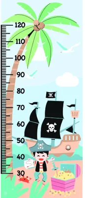 A height measurement chart showing a smiling pirate standing in front of a black ship with skull and crossbones, surrounded by tropical palm trees, clouds, and beach elements, with a measurement scale from 30 to 120 centimetres.