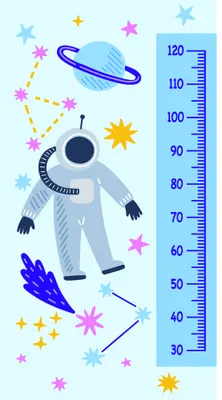 A smiling astronaut in a light blue spacesuit stands among floating planets, stars and cosmic debris, with a height measurement scale from 30 to 120cm running down the right side.