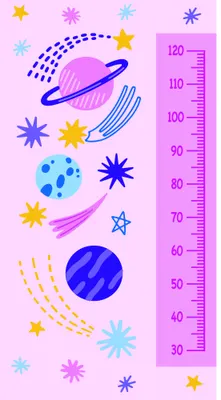 A pastel pink height chart decorated with colourful illustrated planets, stars, and cosmic elements in shades of blue, purple and yellow, marked with measurements from 30 to 120 centimetres.