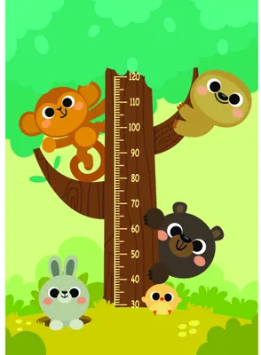 A height measurement chart decorated with three cartoon monkeys of different sizes positioned around a vertical ruler, set against a soft green and yellow background with grass and foliage.