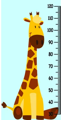 A cartoon giraffe with brown patches stands upright next to a height measurement scale from 40 to 120 centimetres against a light blue background.