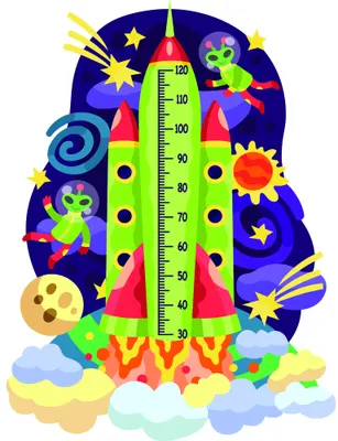 A colourful pop art style height chart featuring a lime-green rocket ship launching through a navy starry sky, surrounded by pink and yellow planets, grinning aliens, bright stars, and fluffy clouds at the base.
