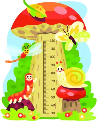 A vertical growth chart decorated with smiling insects, a snail, caterpillar, butterfly and mushroom arranged among green foliage and flowers, with measurement markings from 30 to 120 centimetres.