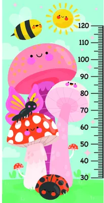 A colourful height chart showing a smiling pink mushroom with a happy face, a striped bee, and ladybugs on a green and mint background with measurement markings from 30 to 120 centimetres.