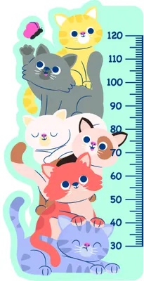 A vertical height chart featuring five stacked cartoon cats of different colours (yellow, grey, white, pink, and red) against a soft green background, with a measurement scale from 30 to 120 centimetres.