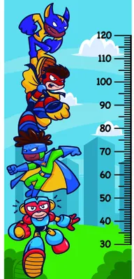 A vertical height chart showing five stacked cartoon robots in primary colours, with measurement markings from 30 to 120 centimetres and clouds in a blue sky background.