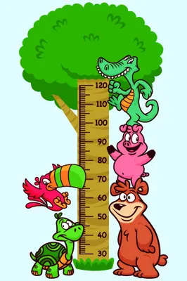 A brightly coloured height measurement chart with a large green tree and five cartoon jungle animals of varying sizes positioned along a measuring scale from 0 to 120 centimetres.