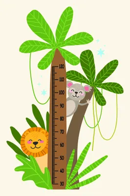 A colourful illustrated height chart with a smiling orange lion at the base and a grey koala higher up, surrounded by bright green leaves and measurement markings.