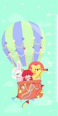 A height chart illustration showing three cartoon animals (a white bunny, a yellow lion and a red panda) sitting in a striped hot air balloon against a pale green sky dotted with stars.