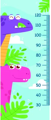 A height chart illustration featuring two cartoon crocodiles in purple and pink with googly eyes, positioned vertically against a measurement scale from 30 to 120 centimetres, surrounded by tropical foliage in green and yellow.