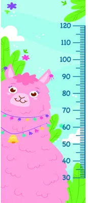 A smiling pink llama illustration with a graduated height measurement scale running vertically from 30 to 120 centimetres, surrounded by green plants and small flowers.