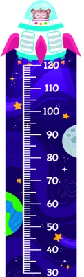 A colourful height measurement chart featuring a smiling robot at the top against a navy space background with stars, planets, and measurement markings from 30 to 120 centimetres.