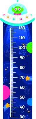 A cartoon owl with large round eyes sits above a vertical height measurement scale decorated with colourful planets, stars, and cosmic imagery on a deep blue background.
