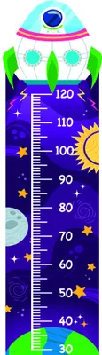 A colourful space-themed height chart from 30 to 120 centimetres, featuring a large eye at the top, a smiling sun, moon, stars and planets on a deep purple background with green grass at the base.
