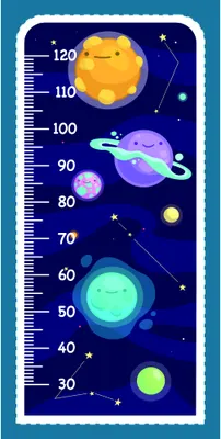 A vertical height chart featuring illustrated planets in various colours arranged against a dark blue starry background, with measurement markings from 30 to 120 centimetres.