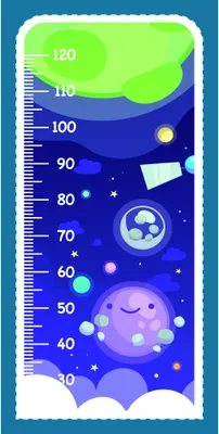 A whimsical height measurement chart featuring a smiling purple jellyfish floating upward among colourful planets, stars, and clouds against a gradient blue space background, marked with measurements from 30 to 120 centimetres.