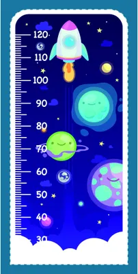 A vertical height chart featuring a bright blue background with a white-bordered edge, a rocket ship with flame, colourful planets in varying sizes, stars scattered throughout, and white measurement markings from 30 to 120 centimetres along the left side.