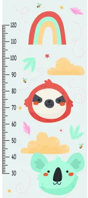 A height chart featuring stacked illustrated animal faces including a red fox and green koala, with a rainbow, yellow clouds and scattered stars on a cream background.