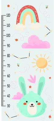 A height measurement chart illustrated with a cute mint-green rabbit face at the base, a rainbow, cloud, sun and stars above it, marked with measurements up to 120cm.