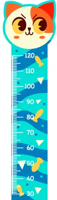 A turquoise cat-shaped height chart with smiling face features and colourful underwater creatures including fish and jellyfish along the measurement markings from 30 to 120 centimetres.