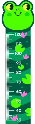 A bright green cartoon frog with large eyes sits at the top of a height measurement chart decorated with pink lily pads and green water plants, marked with numbers from 30 to 120.
