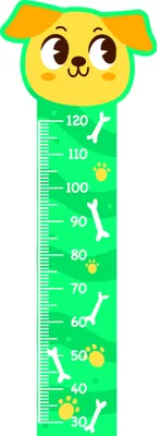 A cartoon illustration of a smiling yellow dog with green ears above a vertical green height measurement chart marked with white numbers from 30 to 120 and decorated with white bones and yellow balls.