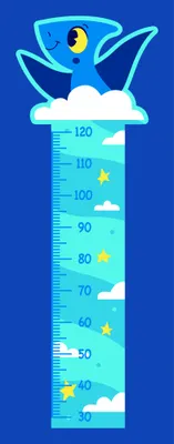 Illustration of a cheerful yellow and blue bird with outstretched wings positioned above a vertical height measurement chart decorated with white clouds and gold stars on a deep blue background.