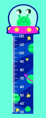 A height chart with a smiling green alien character in a pink flying saucer at the top, with numbered measurement markings from 30 to 120 centimetres, decorated with yellow stars and planets on a dark blue background.