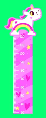 A cartoon unicorn with a pink mane stands on a rainbow above a tall pink and purple height measurement chart decorated with stars, set against a bright green background.