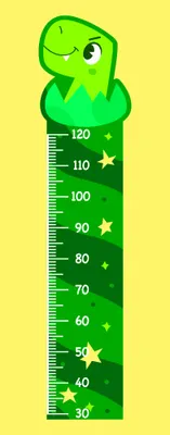 A smiling green cartoon owl sits at the top of a yellow and green height measurement chart marked with increments from 30 to 120 centimetres, decorated with small gold stars.