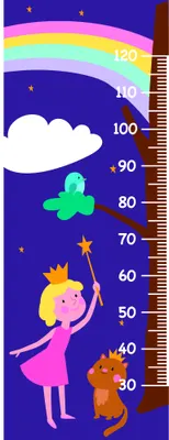 A cartoon height chart showing a girl in a pink dress reaching toward stars with a brown teddy bear beside her, against a purple night sky with a rainbow and clouds, with measurement markings from 30 to 120 centimetres.