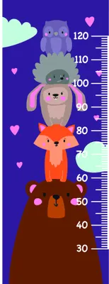 A height chart featuring five stacked cartoon animals (bear, fox, hedgehog, owl, and whale) against a purple background with hearts and clouds, marked with measurements from 30 to 120 centimetres.