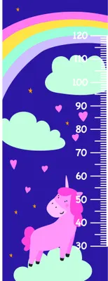 A height chart illustration showing a pink unicorn standing on green grass against a deep purple sky with a pastel rainbow, white clouds, small hearts, and stars.