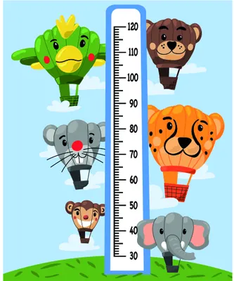 A height measurement chart featuring five animal-shaped hot air balloons, a green parrot at the top, a brown monkey, orange tiger, grey mouse, and pink-eared elephant, arranged vertically with a centimetre scale between 30 and 120.