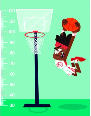A cartoon illustration of a basketball player jumping with a ball beside a netball hoop and height measurement scale from 30 to 120 centimetres on a bright green background.