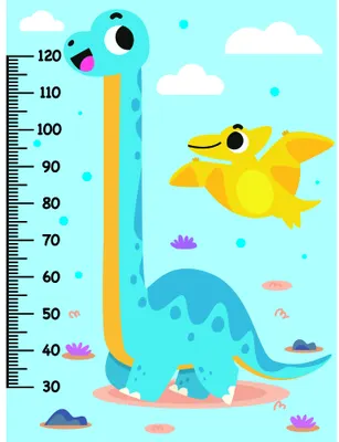 A colourful illustration showing a turquoise dinosaur with an extended neck measuring against a scale from 30 to 120 centimetres, a yellow pterodactyl flying above, white clouds, and small decorative sea creatures on a light blue background.