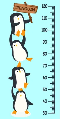 Four cartoon penguins stacked vertically holding a wooden 'Penguin' sign, with a height measurement scale from 30 to 120 centimetres on a light blue background.
