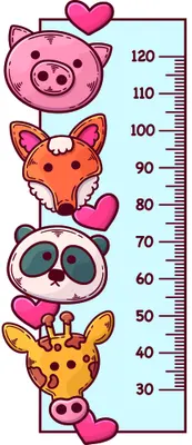 A vertical height chart featuring a pink pig with a heart above it, an orange fox, a panda with heart eyes, and a spotted giraffe stacked on top of each other, with measurement markings from 30 to 120 centimetres and pink hearts dotted around the design.