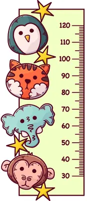 A vertical height chart featuring four stacked cartoon animals (owl, tiger, elephant, and monkey) with gold stars, showing measurement markings from 40 to 120 centimetres on a cream background.