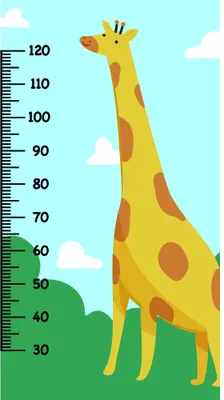 An illustrated yellow giraffe with brown spots stands in a green landscape with white clouds against a light blue sky, with a black measurement scale marked from 30 to 120 running vertically along the giraffe's body.
