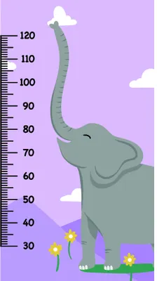 A grey elephant with raised trunk stands against a purple background with white clouds above and purple and yellow flowers below, with measurement markings from 30 to 120cm running down the left side.