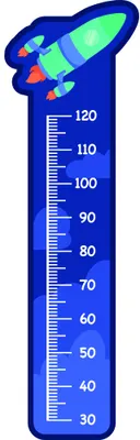 A colourful cartoon rocket with red, green, and yellow panels launches upward past a blue height measurement chart marked from 30 to 120 centimetres.