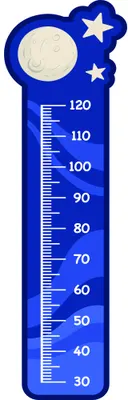 A tall blue height chart featuring a crescent moon at the top and white stars scattered across its surface, with numerical measurements from 30 to 120 centimetres marked along a central white scale.