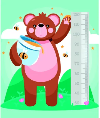 An illustrated brown bear with pink inner ears stands on green grass holding a blue pot of honey, surrounded by orange stars and buzzing bees, with a height measurement scale marked from 30 to 120 centimetres on the right side.