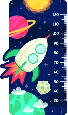 A colourful space-themed height chart featuring a rocket ship ascending past planets, stars, and clouds against a dark blue sky, with measurement markings from 40 to 120 centimetres along the right edge.