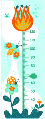 A colourful height measurement chart featuring a large orange flame-like sun at the top, flowers, bees, butterflies, and green foliage below, with measurement increments from 30 to 120 centimetres marked on the left side.